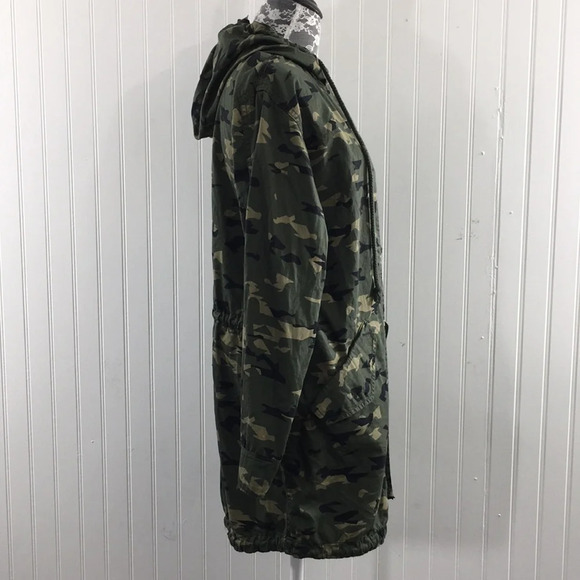 BP Nordstrom Green Camo Cotton Hooded Jacket Womens Small Snap Zip Up Longline - Picture 2 of 11